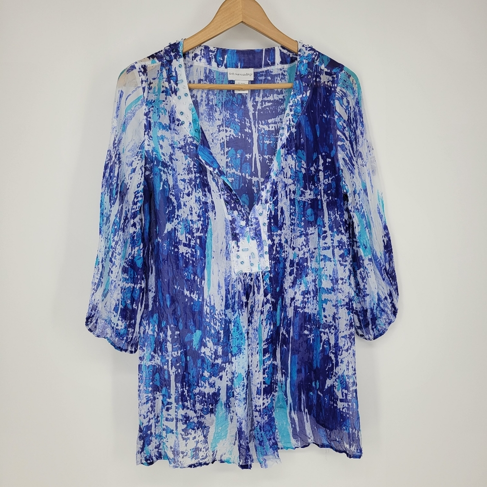Soft Surroundings silk tides tunic blouse top blue sheer longsleeve medium women